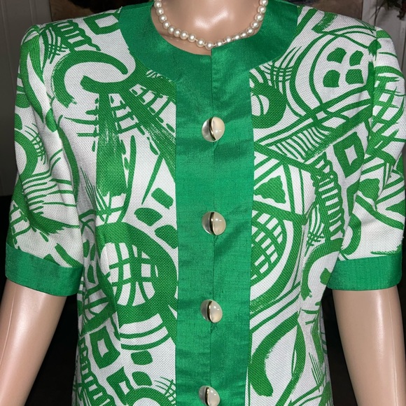 Gene Roye • Vintage • Silk • Lime Green / White • Geometric • Size 12 • Dress - Picture 4 of 16